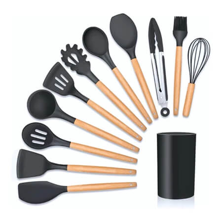 Cozinha Premium Gourmet - Conjunto 12 ou 5 Peças Silicone & Madeira