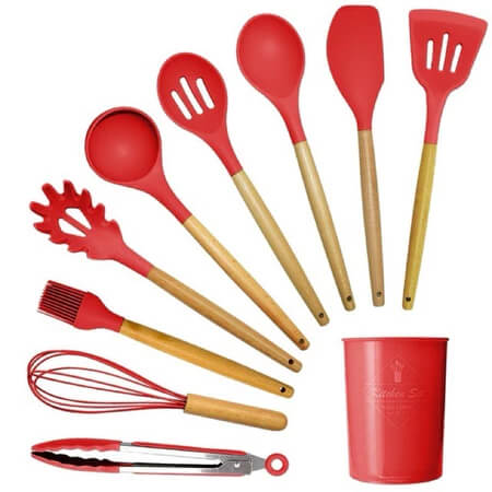 Cozinha Premium Gourmet - Conjunto 12 ou 5 Peças Silicone & Madeira