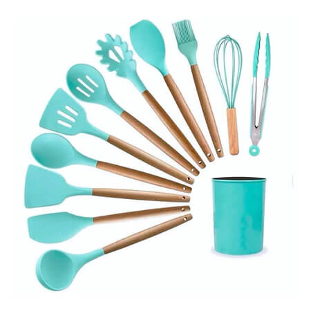 Cozinha Premium Gourmet - Conjunto 12 ou 5 Peças Silicone & Madeira