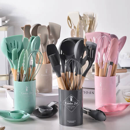 Cozinha Premium Gourmet - Conjunto 12 ou 5 Peças Silicone & Madeira