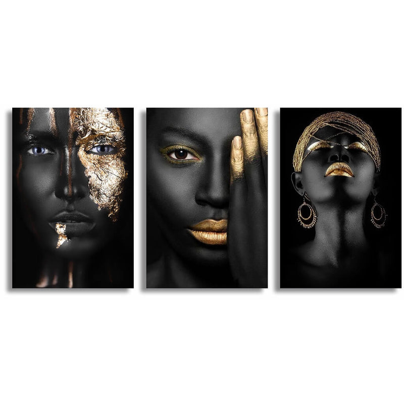 Kit Trio Quadros Decorativos Preto e Dourado – Mulheres Negras