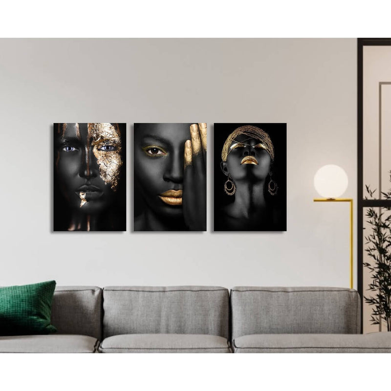 Kit Trio Quadros Decorativos Preto e Dourado – Mulheres Negras