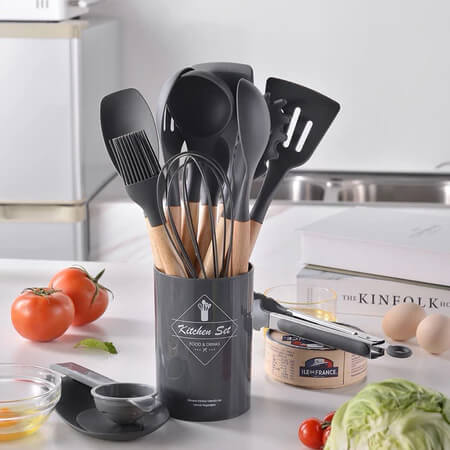 Cozinha Premium Gourmet - Conjunto 12 ou 5 Peças Silicone & Madeira