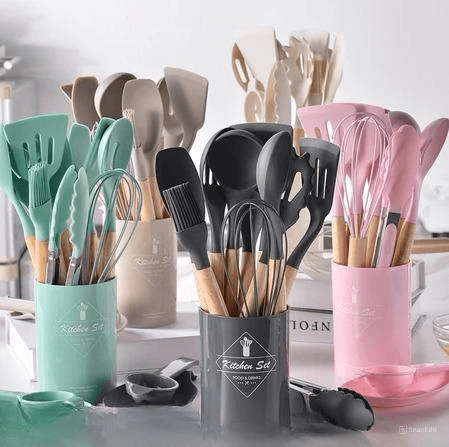 Cozinha Premium Gourmet - Conjunto 12 ou 5 Peças Silicone & Madeira